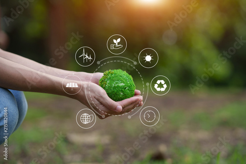 Hands Holding Moss Globe with Environmental Sustainability Icons