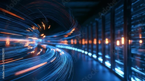 A curving server lane with futuristic LED data center bandwidth streaks. Neural network data flow, flashing LLM signals, and blue-lit server racks are all features of this generative AI cloud computin