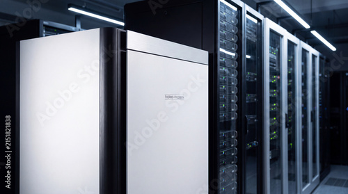 Advanced Thermo-Precision cooling unit alongside rows of server racks in a modern data center environment.