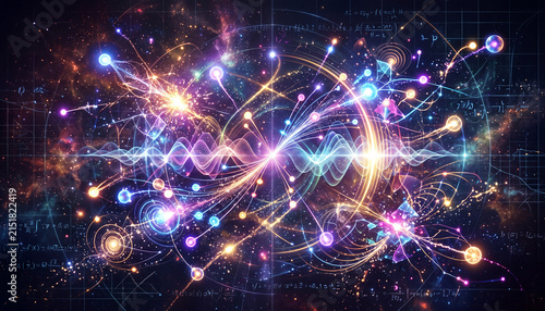 Abstract quantum particles illustration of glowing subatomic physics wave collision and mathematical formulas for science research advertising, quantum physics website banner, and astrophysics editori