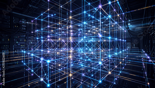 AI neural network glowing grid illustration of glowing nodes and digital circuit for artificial intelligence advertising, machine learning website banner, and big data technology editorial.