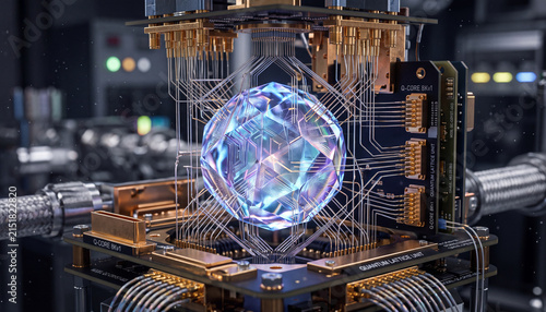 Quantum computing crystal core illustration of glowing crystal processor inside dilution refrigerator for artificial intelligence advertising, advanced tech website banner, and data science editorial.