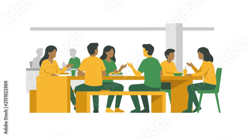 Diverse group of people sharing a meal in a cafeteria