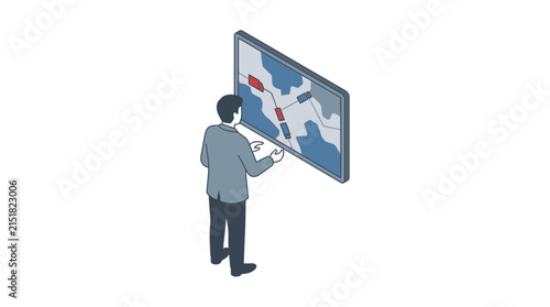 Businessman monitoring logistics and supply chain on digital interactive screen
