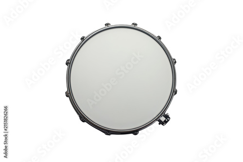 Top view round drum with clean white drumhead and metal hardware