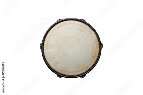 Round vintage drum viewed from above with worn beige drumhead