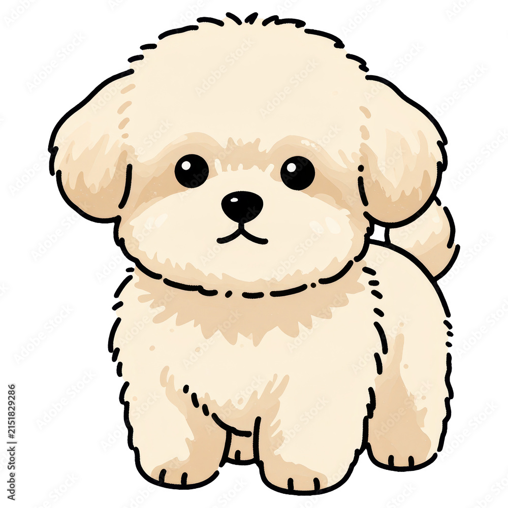 Fototapeta premium Fluffy Bichon Frise Puppy Illustration: A charming, cartoon-style illustration of a small, white Bichon Frise puppy with fluffy fur, bright eyes, and a cute expression, ready to melt hearts.