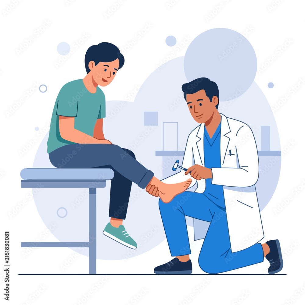 Obraz premium Doctor Performs Reflex Test on Patient's Foot with Reflex Hammer - Medical Illustration