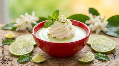 A red bowl filled with light green lime mousse topped with whipped cream, mint leaves, and lime zest, set on a rustic wooden table surrounded by lime slices, mint, and white citrus blossoms.