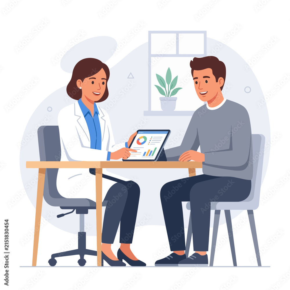 Fototapeta premium Doctor showing medical results on tablet to patient in consultation room, modern healthcare concept