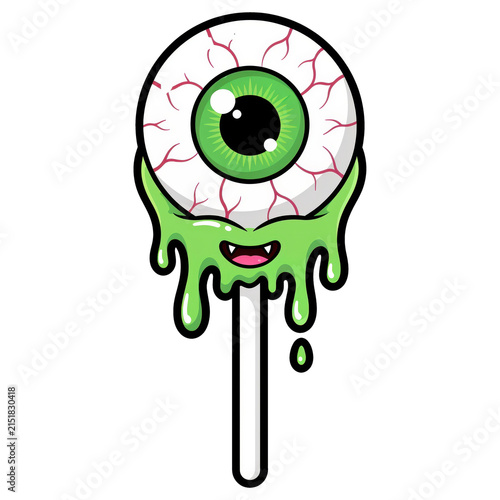 Spooky Eyeball Lollipop: A whimsical and creepy eyeball lollipop with a melting green glaze and a playful grin, perfect for Halloween or a quirky treat.