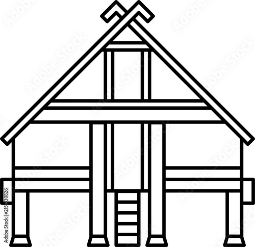 Traditional dayak rumah lamin house line illustration