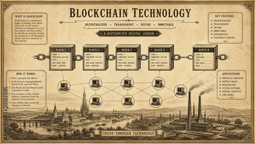 Blockchain technology diagram. Vintage style infographic of decentralized network data.