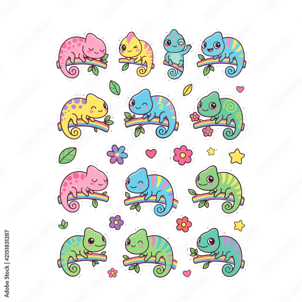 Fototapeta premium Colorful chameleon vector icons perched on vibrant rainbow branches in playful cartoon style
