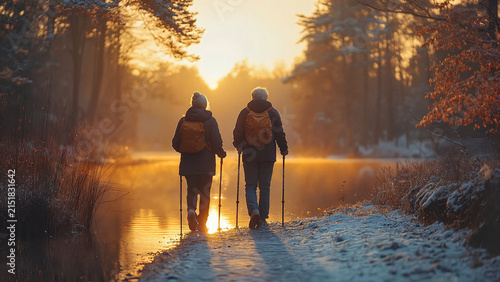 Active senior couple practicing Nordic walking in vibrant autumn forest, heart attack prevention measures, , fitness for adults, wellness websites, social media campaigns, retail advertising
