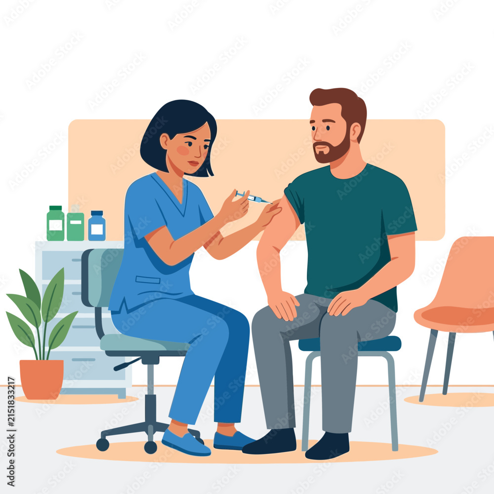 Fototapeta premium Nurse Administering Vaccine Injection to Patient in Clinic - Flat Design Vector Illustration