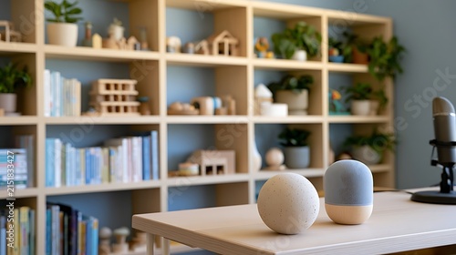 Bright Room with Light Wood Bookshelf and Accessories / 明るい木製の本棚と小物が置かれた部屋