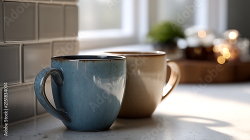 Two Warm Coffee Mugs on Kitchen Counter close up / キッチンカウンターの上の温かい2つのコーヒーマグのクローズアップ