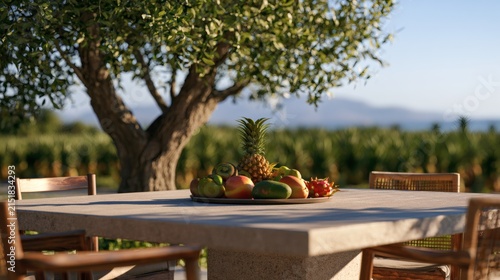 Fresh Tropical Fruits on Outdoor Dining Table / 屋外のダイニングテーブルに盛られた新鮮な南国フルーツ