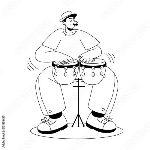 Standing percussionist performing rhythmic beats on two small bongo drums.