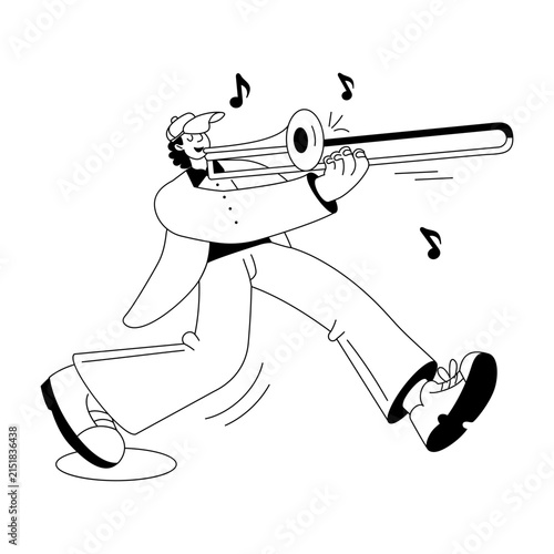 Foto Animated brass musician playing a trombone while stepping forward