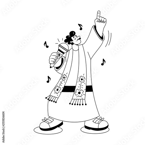 Passionate gospel vocalist singing into a microphone with one arm raised.