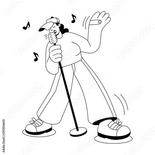 Stylish vocalist singing jazz into a handheld microphone with expressive movement.
