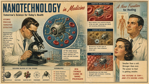 Scientists analyzing nanotechnology in high-tech lab. Researchers examining microscopic particles and molecular structures for medical innovation.