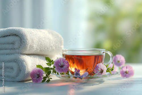Herbal tea with towels and leaves summer concept generated.AI