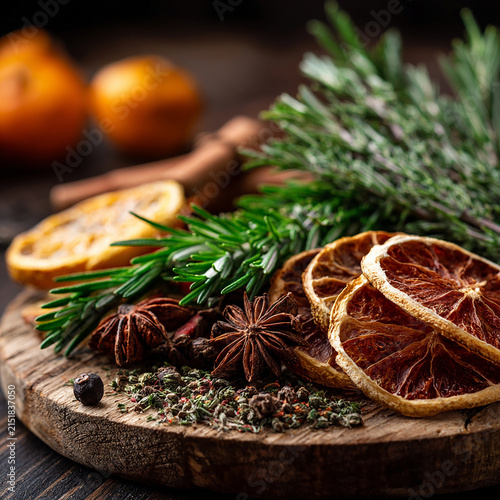 Close up of aromatic spices fresh rosemary on wood board generated.AI