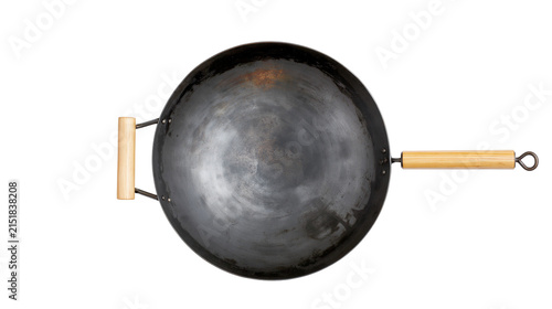 Fotografía Carbon steel wok with two wooden handles and metal loop