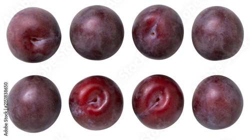 Foto Eight ripe dark purple plums with smooth skin and visible seam