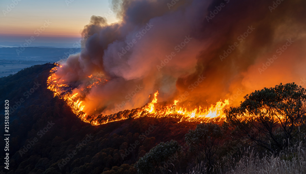 Fototapeta premium Wildfire burning through a forested hillside at sunset.