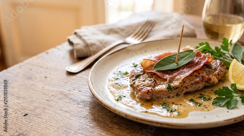 Saltimbocca alla Romana: Close-up on veal cutlets with a sage leaf and Prosciutto di Parma pinned with a toothpick, in a dynamic white wine sauce.