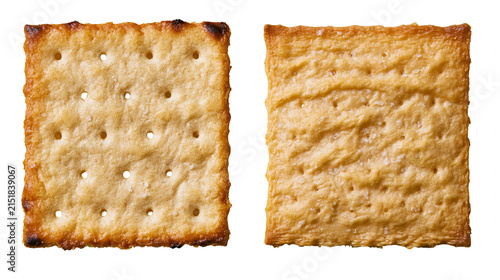 Fotografía Two square crackers with visible salt crystals and perforations