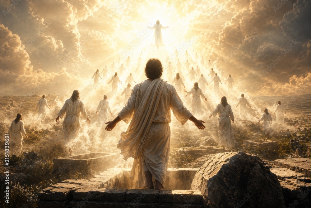 Fototapeta premium Jesus Christ standing before a crowd of people in white robes ascending to heaven. Resurrection and second coming concept. Religious scene representing eternal life and Christian faith.