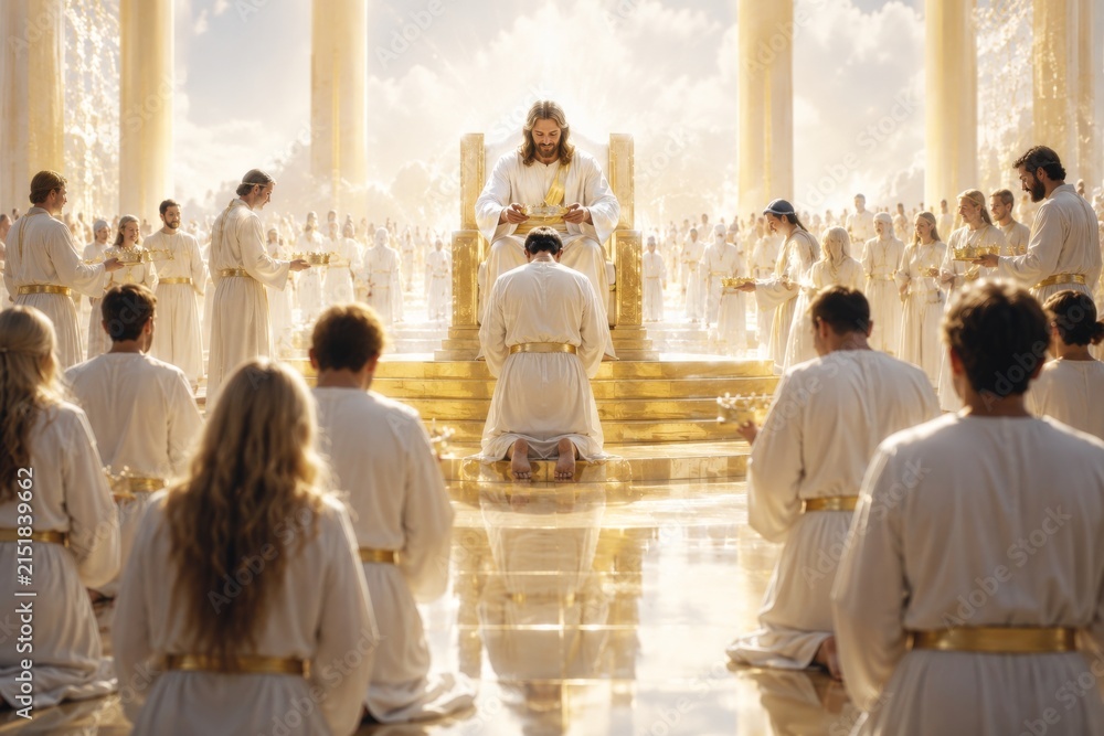 Fototapeta premium Jesus sitting on golden throne holding crown over kneeling man in heaven. Faithful people in white robe gathered in holy place. Biblical scene representing salvation and divine kingdom.