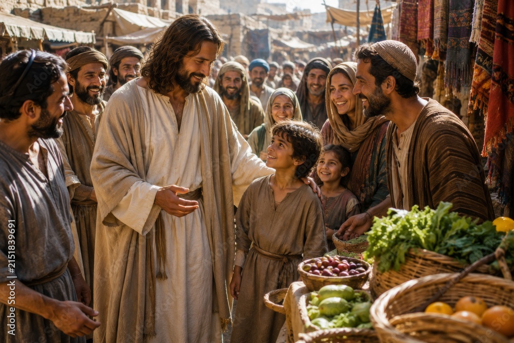 Fototapeta premium Jesus interacting with a young boy in an ancient market. Religious figure blessing a child surrounded by historical people. Biblical scene depicting compassion, teaching, and kindness.