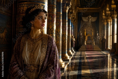 Woman queen standing in ancient palace corridor. Beautiful lady in traditional luxury royal dress with crown inside historic interior. Imperial power and historical fantasy concept.