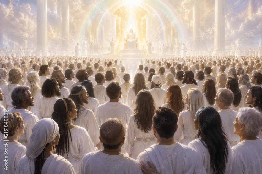 Obraz premium Crowd of woman and man wearing white clothing standing before a golden throne in heaven. Religious gathering concept representing afterlife, spiritual peace, divine glory and eternity.