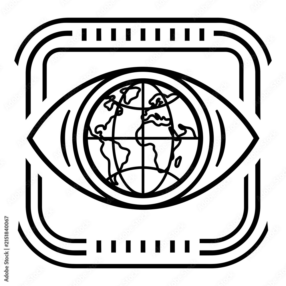 Fototapeta premium Global surveillance icon with eye and globe inside camera frame
