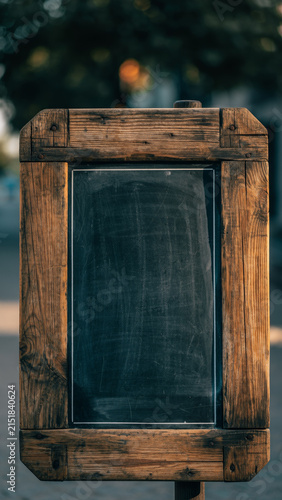 Wooden frame chalkboard sign outdoors with blurred background.