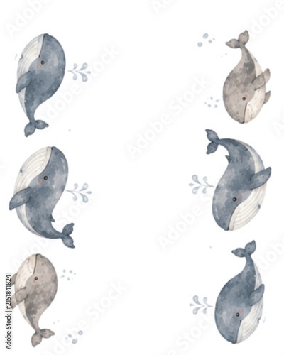 Cute Watercolor Whales Collection, Hand Drawn Small Animal Illustrations