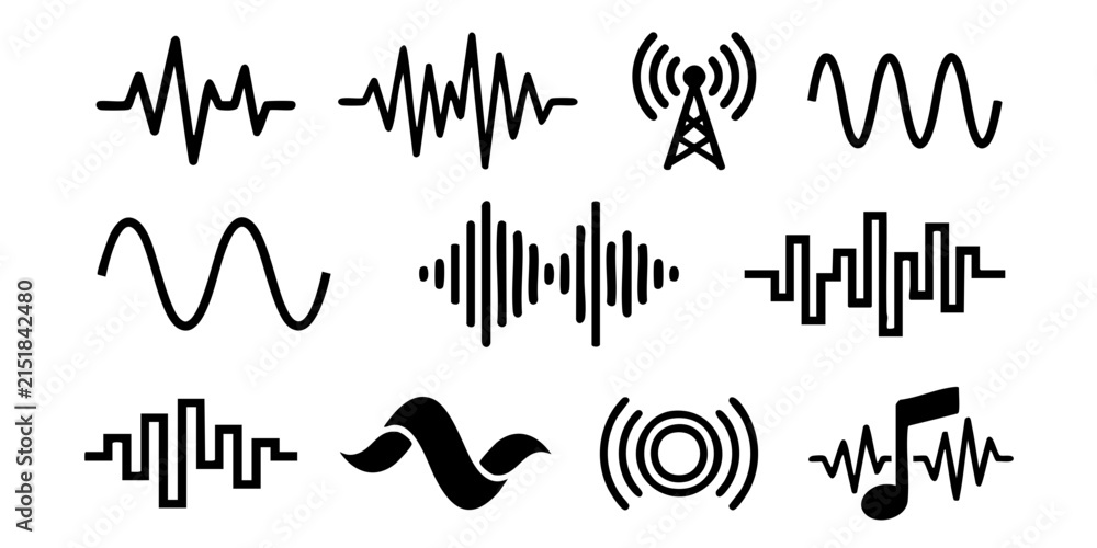 Naklejka premium Diverse collection of sound wave icons, audio signal graphics, and radio frequency symbols illustrating various waveform patterns and spectrum visualizations for technology and media projects