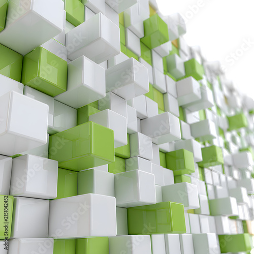 Abstract Background Featuring a Dynamic 3D Pattern of Glossy White and Vibrant Green Cubes with Varied Depths and Soft Focus
