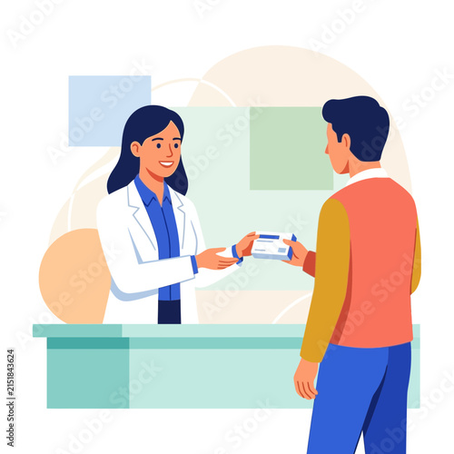 Pharmacist handing medication box to customer at counter in modern flat illustration style