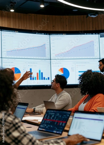Group of people sitting around a table with laptops in front of them. they are in a conference room with large screens on the wall displaying graphs and charts.