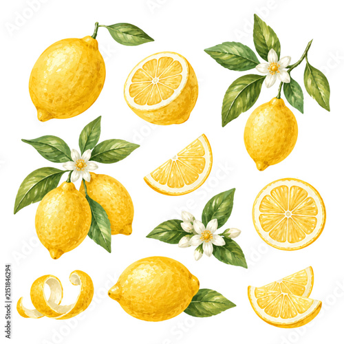 Watercolor Lemon Collection with Leaves and Citrus Fruit Elements