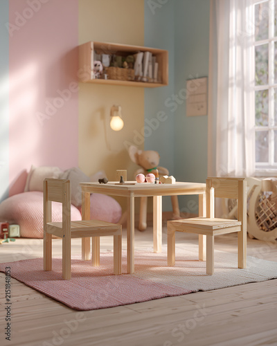 Children playroom with small wooden chair and desk generated.AI