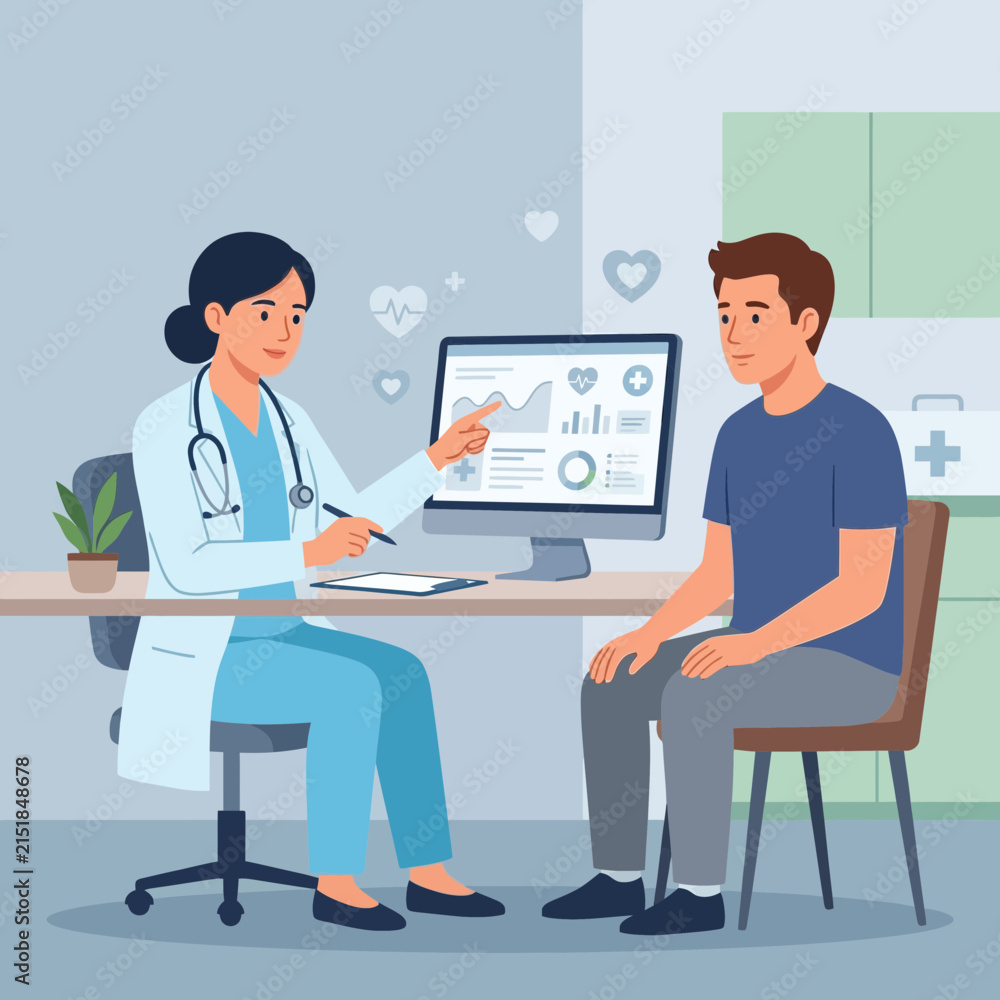 Obraz premium Doctor Consulting Patient at Desk with Medical Chart on Computer Screen